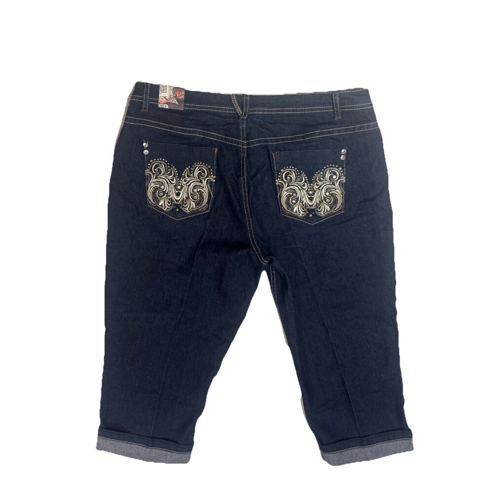 Sapphire Red Blue Denim Embellished Capri Pants Sz 14 (XL)  Y2K 90s Streetwear
